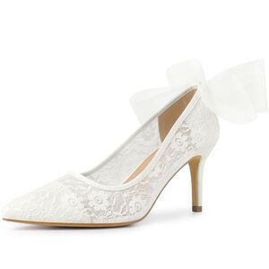 Pointed Toe Bow Decor Stiletto Heel Pumps for Women,  White